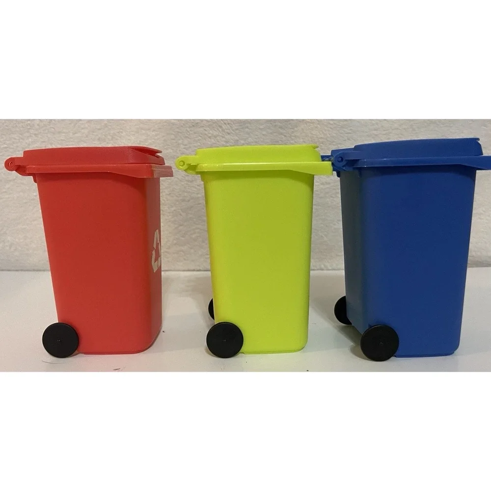 New (3) Desk Decor Pencil Holder Mini Blue Red & Green Recycling Garbage Cans